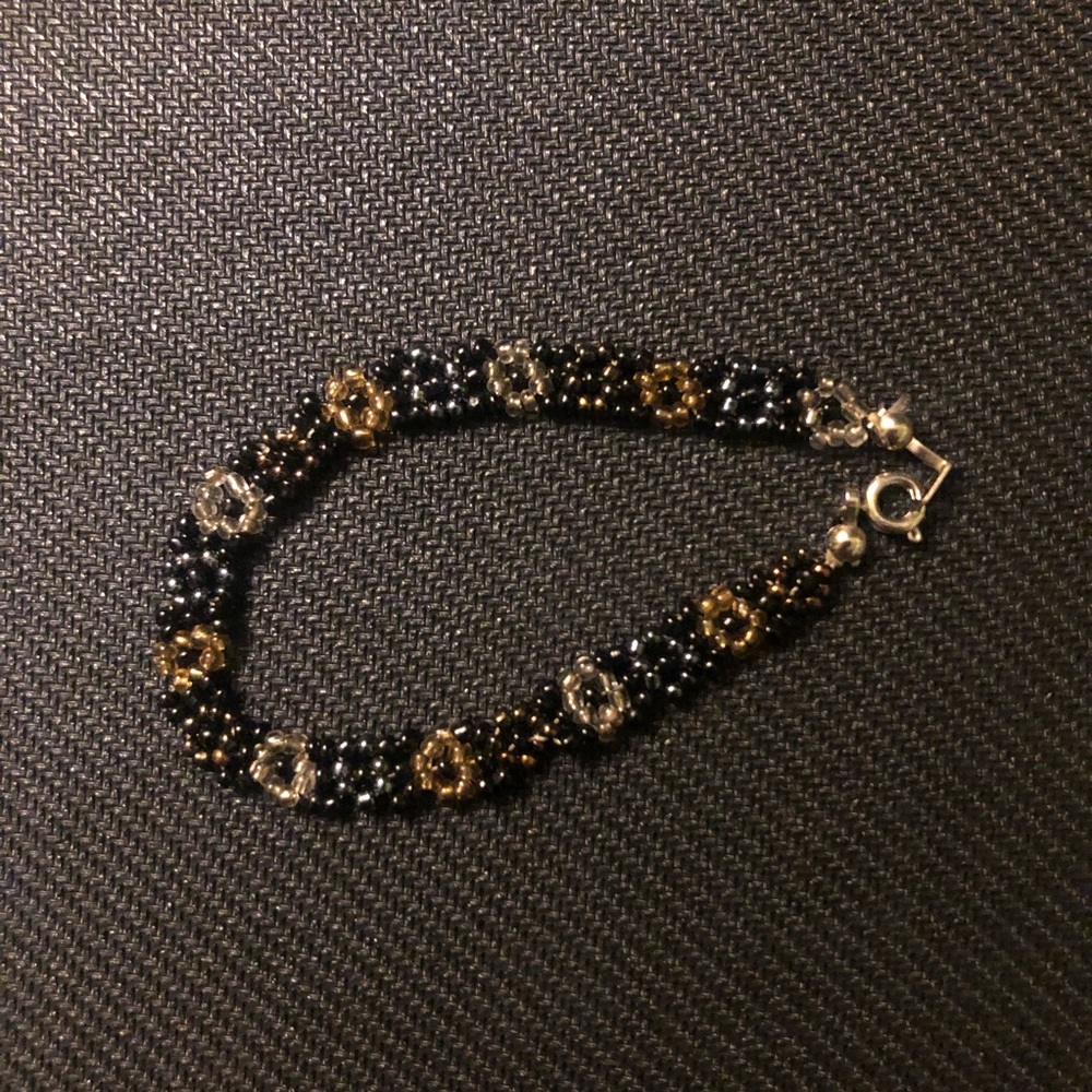 Handmade 80’s gold, silver and black beaded bracelet or anklet.